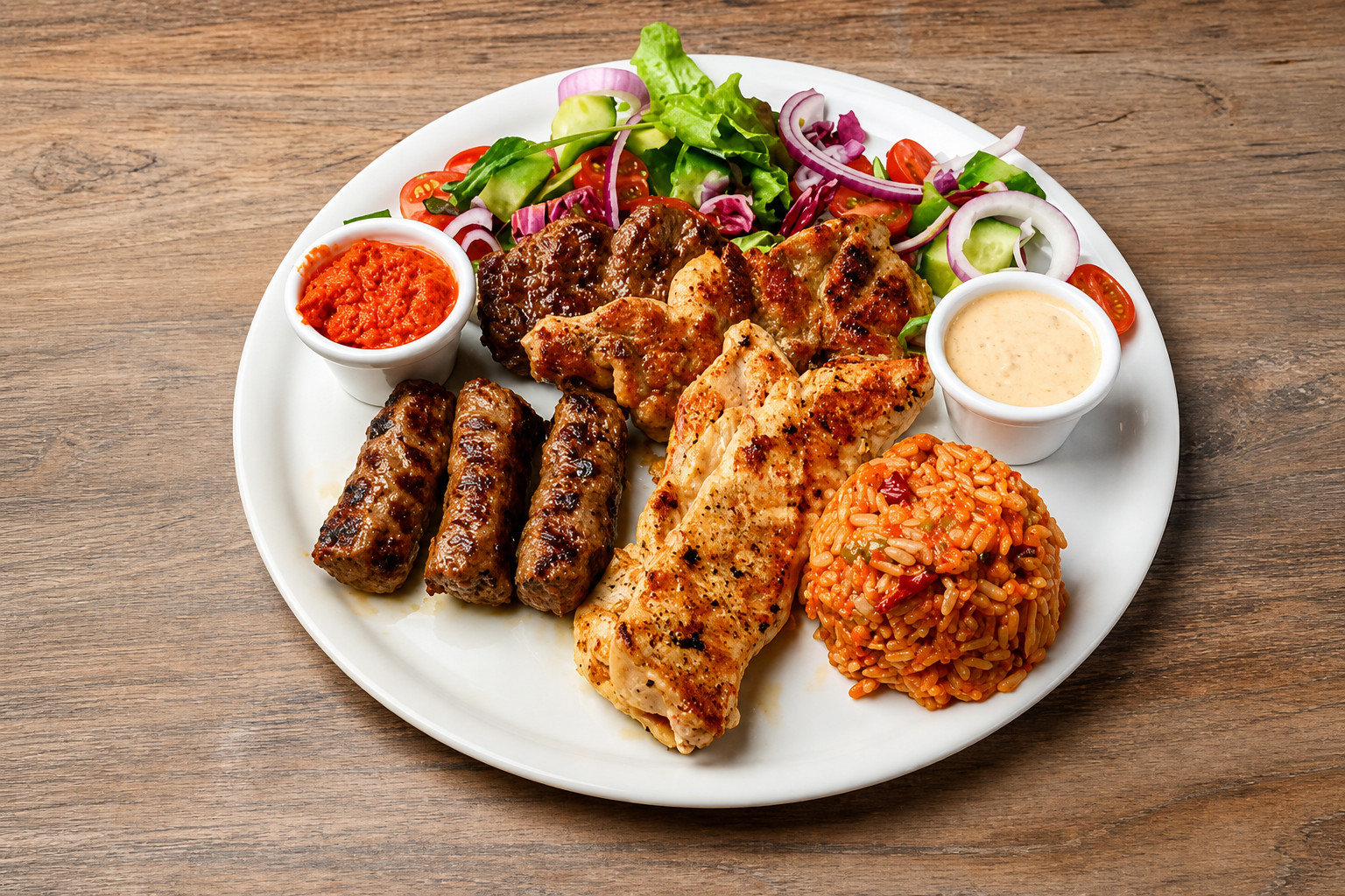Balkan-Teller mit Ćevapčići, Hähnchenfilet, Djuveč-Reis, Ajvar und Salat – Restaurant Schillerhof Pnishi