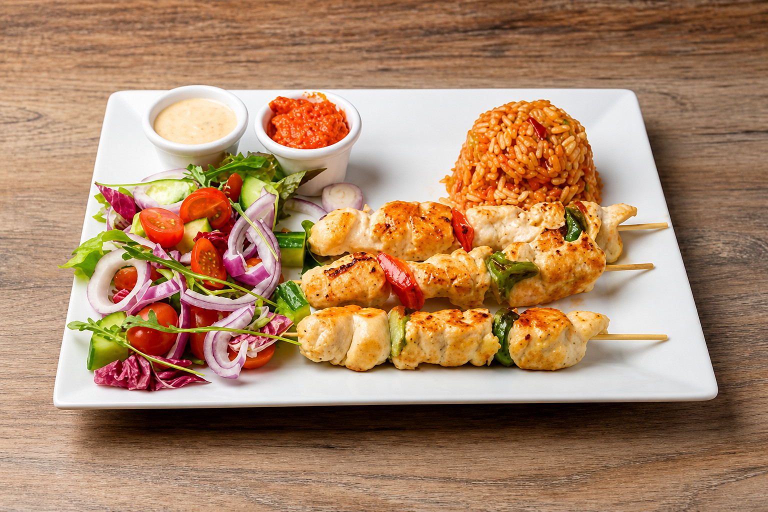 Hähnchenspieße vom Grill mit Djuveč-Reis, Ajvar und Salat – Restaurant Schillerhof Pnishi