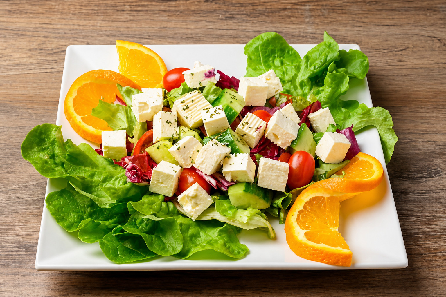Hirtensalat mit Feta, frischem Gemüse und Orangenspalten – Restaurant Schillerhof Pnishi