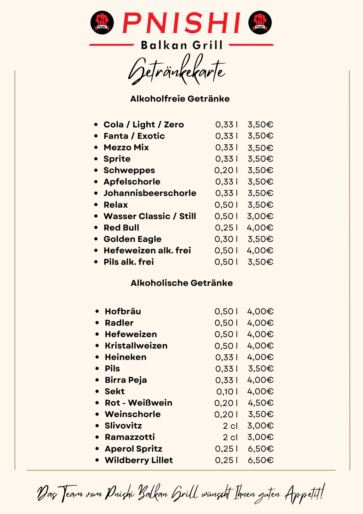 Getränkekarte – alkoholfrei & alkoholisch