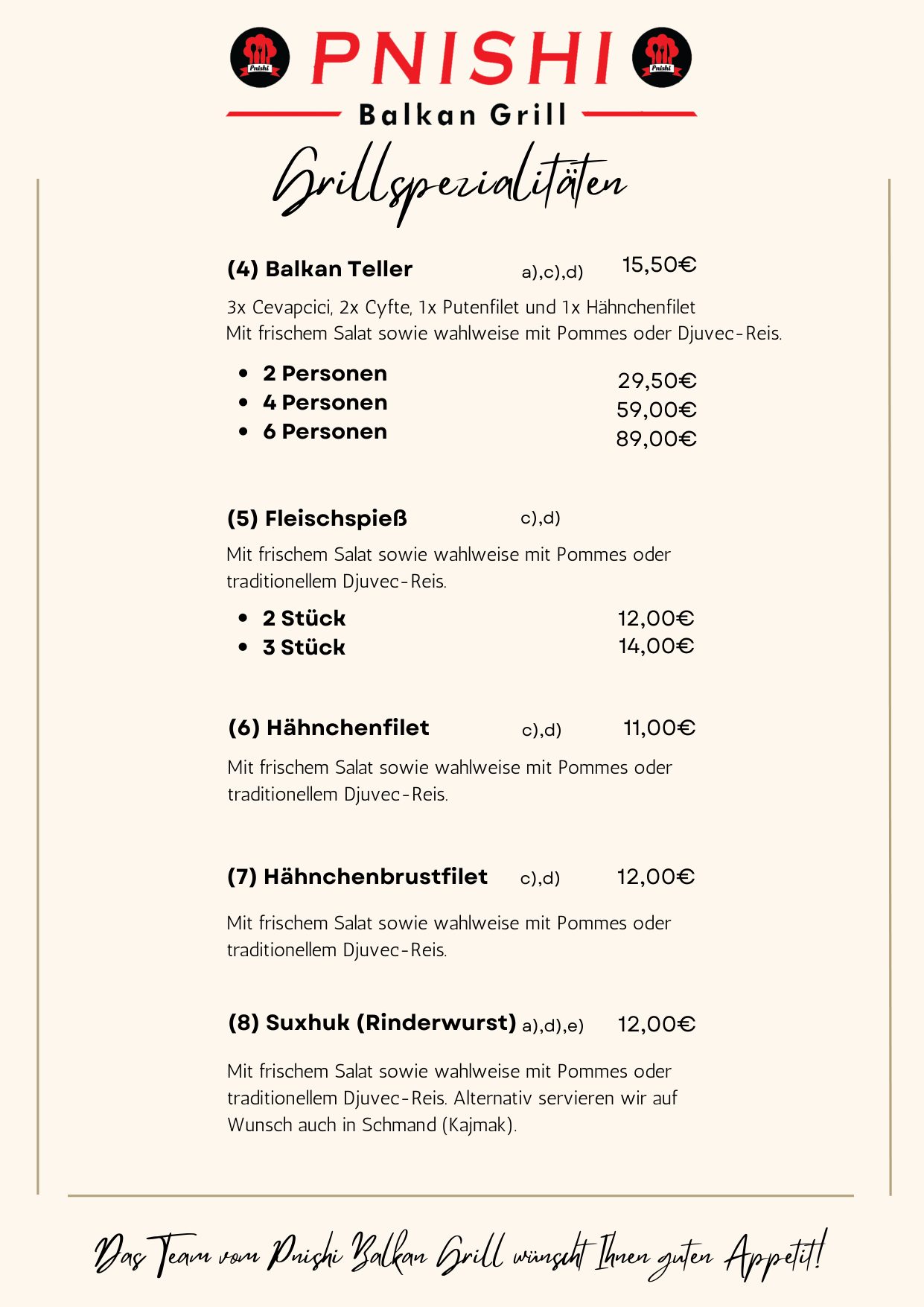 Grillspezialitäten 4–8: Balkan Teller, Fleischspieß, Hähnchenfilet, Hähnchenbrustfilet, Suxhuk