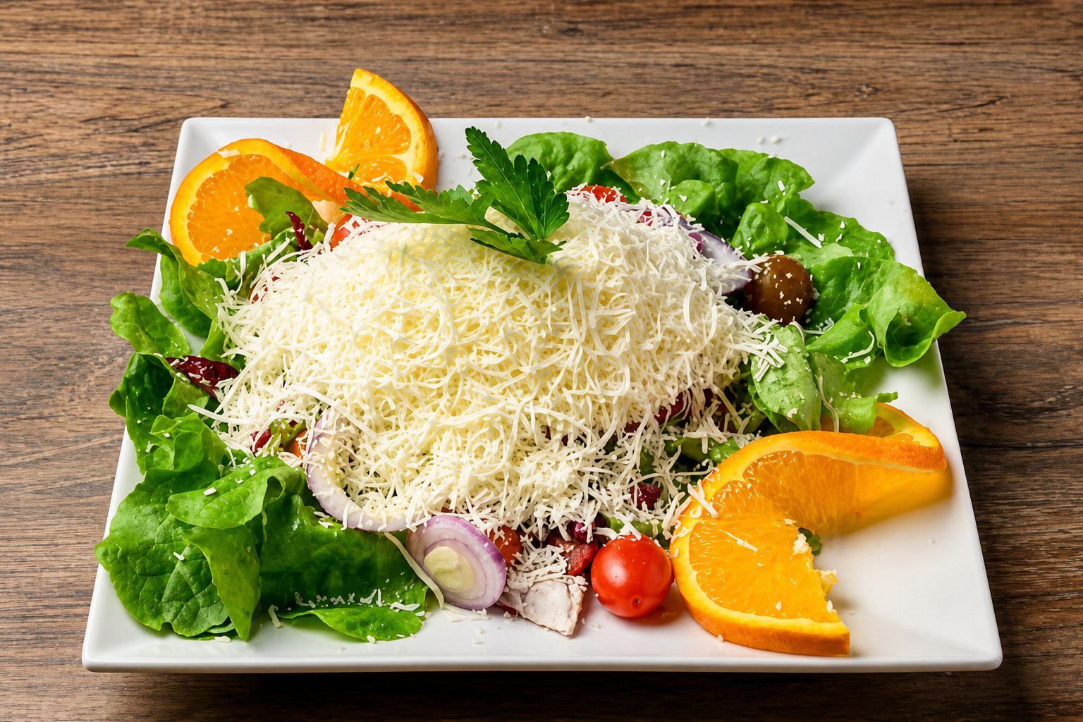 Shopska Salat mit geriebenem Käse, Gemüse und Orangenspalten – Balkan Grill Pnishi
