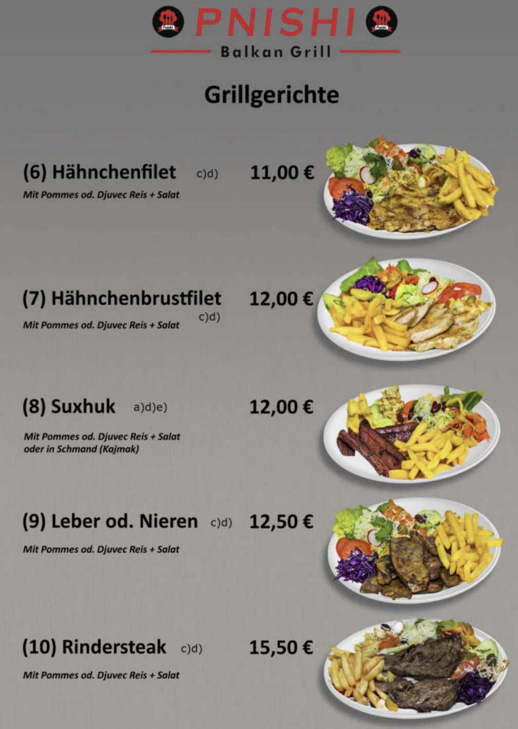 Grillgerichte 6–10: Hähnchenfilet, Suxhuk, Leber, Rindersteak